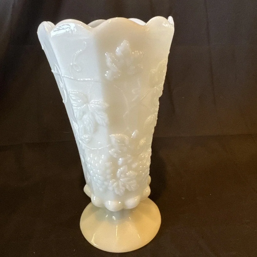 Vtg Pedestal Scalloped Edge Milk Glass Paneled Vase Grapes Motif,  9